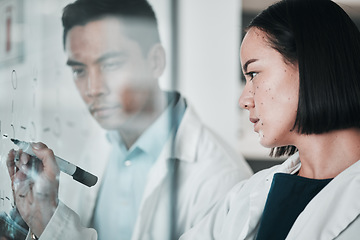 Image showing Scientist, staff and teamwork with board with formula, writing and pharmaceutical research in lab. Asian woman, clinic and science team with chemistry, hospital and laboratory planning with analytics