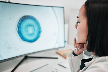 Image showing Computer, screen and Asian woman in laboratory for website, innovation and medical research. Healthcare, pharmaceutical and worker reading pc for innovation, biotechnology and medicine service