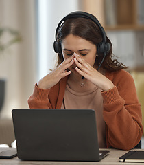 Image showing Woman, home and call center stress or headache for telemarketing fail, communication fatigue and sales job. Young worker, telecom agent or virtual consultant with depression, tired or pain on laptop