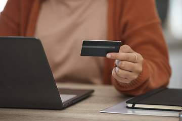 Image showing Closeup, woman and laptop with credit card, payment and online shopping with fintech, banking and transaction in a lounge. Person, home and girl with pc, ecommerce and digital app with investment