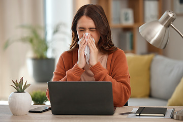 Image showing Woman, blowing nose and student with laptop, allergies or burnout with virus, fatigue and sick with sinus infection. Toilet paper, health fail and overworked with university assessment while at home