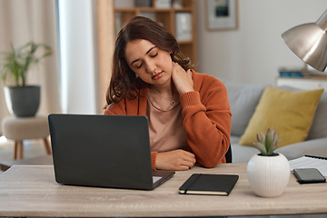 Image showing Woman, neck pain and student with laptop, muscle tension or burnout with tech glitch, fatigue and anxiety about exam. Spine, health fail and mistake, college website error or 404 with stress at home