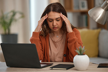 Image showing Woman, headache and student with laptop, pain or burnout with tech glitch, fatigue and anxiety about exam. Migraine, health fail and mistake, university website error or 404 with stress while at home