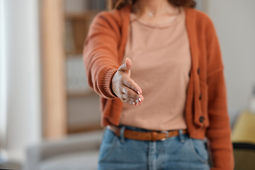 Image showing Creative woman, handshake and meeting for introduction, welcome or startup partnership at home. Closeup of female person shaking hands for greeting, b2b or deal in agreement, teamwork or thank you