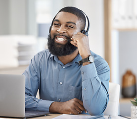 Image showing Call center, laptop and man, consultant or business agent for information technology, software support or helping. Communication, IT worker or african person in portrait for virtual online consulting