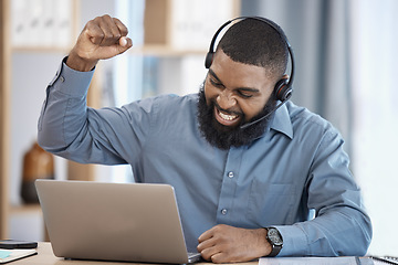Image showing Man, laptop success and call center celebration, winning and goals achievement, target or business sales. Yes, fist and happy african consultant, winner or agent for telemarketing or online profit