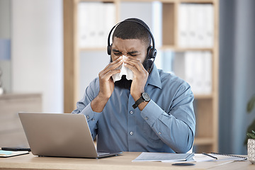Image showing Laptop, sneeze and black man with telemarketing, call center and sick with allergy, professional and customer service. African person, employee and consultant with a tissue, customer service and sick