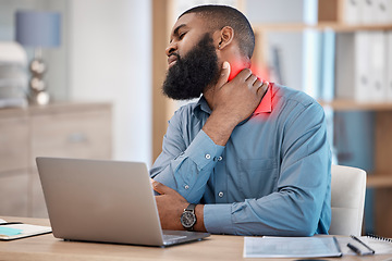 Image showing Black man, laptop and neck pain from injury, accident or overworked with ache or inflammation at office. African businessman in muscle tension, pressure or stress in burnout, mistake or mental health