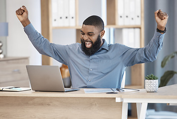 Image showing Business man, winner and laptop in success, celebration and stock market goals, sales or financial profit. Professional african trader with fist, wow and yes for email news or trading on his computer