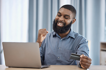 Image showing Man, winner and credit card on laptop for success, winning, e commerce payment or investment. African trader on computer and yes for business banking, finance goals or profit, sales and trading