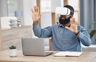 Image showing Business man, VR and futuristic glasses for office 3d software, digital world and information technology design. Professional IT worker in virtual reality, vision and hands for metaverse experience