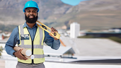 Image showing Man, engineering portrait and tools in city or rooftop building for project management, planning or development. Construction worker or african builder for architecture floor plan or blueprint design