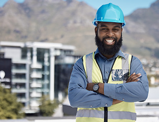 Image showing Man, engineering portrait and arms crossed for city construction, project management or outdoor building design. Happy face of african worker in architecture, urban development or property leadership