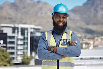 Image showing Man, architecture portrait and arms crossed for city construction, project management or outdoor building design. Happy face of african worker in engineering, urban development or property leadership