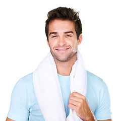 Image showing Wellness, health and man with towel in portrait with mindset for gym, nutrition or training. Person, male model and happy on isolated or a transparent png background for workout, exercise or diet