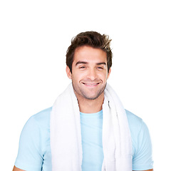 Image showing Man, fitness and smile with towel in portrait for wellness, motivation and training for mindset. Male model, pride or happy on isolated or a transparent png background for exercise, nutrition or diet