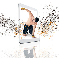 Image showing Tablet, fitness and man in martial arts on screen in studio isolated on a white background for virtual training. Sports, exercise or workout of male athlete, boxer or fight in self defense or boxing