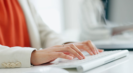 Image showing Consultant, typing and hands on keyboard in office with employee, communication and planning schedule in workplace. Business, writing or woman at desk with report, research and feedback on computer