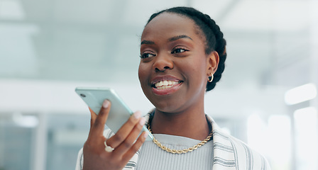 Image showing Happy black woman, phone and talking on speaker for communication or conversation at office. African female person speaking on mobile smartphone app, recording or voice note discussion at workplace