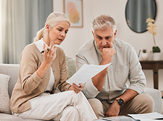 Image showing Mature, couple and documents for planning with discussion for retirement, budget or vacation at home. Man, woman and married with paperwork of finances, banking or stocks with opportunity for growth