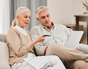 Image showing Old people with life insurance application, retirement and reading paperwork, partner with investment or asset management. Couple in marriage, financial planning together and policy documents at home