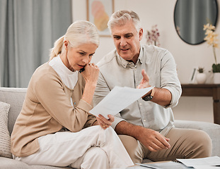 Image showing Old people with life insurance application, retirement fund and paperwork, partner with property investment or asset management. Couple in marriage, financial planning together and policy documents