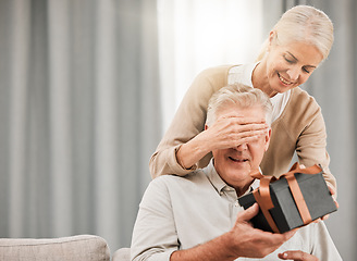 Image showing Old couple, present for birthday and surprise with celebration, man and woman at home with love and grand gesture. Gift box for special event, marriage and relationship with anniversary and romance