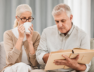 Image showing Worship, bible and senior couple with a book in a living room relax, reading and bond with coffee at home. God, faith and retired elderly people with scripture, study or gospel, love and Jesus praise