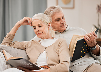 Image showing Old couple, relax on sofa and reading book, retirement and support with time together at home. People in living room, knowledge and literature, leisure and hobby with love and comfort with story