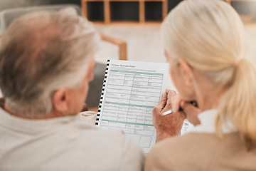 Image showing Old couple with mortgage application, retirement and paperwork for insurance, life partner and investment. Marriage, future planning and real estate with back of people, property and policy documents