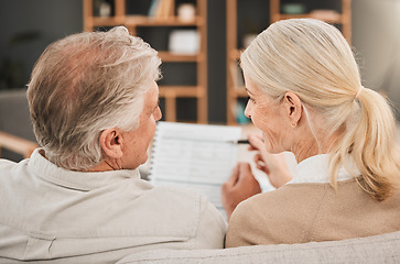 Image showing Old couple with life insurance application, retirement fund and paperwork, partner with property investment or asset management. People in marriage, financial planning together and policy documents