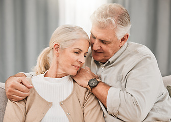 Image showing Old couple, hug and relax on sofa with empathy and support, bonding while at home with trust and comfort. People with time together, marriage or partner in retirement, kindness and love with respect