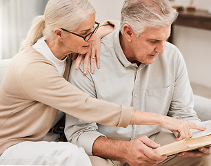 Image showing Old couple, Bible study and Christian faith with worship and reading book, wellness and spiritual together in retirement. Bonding over religion, people at home with gospel and scripture, God and pray