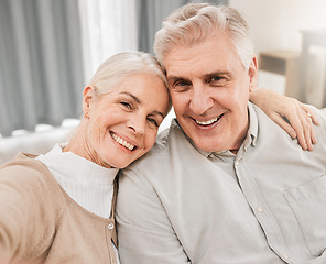 Image showing Face, old couple and selfie with happiness in home, love and care with social media post and memory. Photography, people smile in profile picture and relationship, marriage and portrait with trust