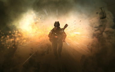 Image showing Man, soldier and run in explosion with battle, smoke or fire in overlay for copy space. Person, veteran and walking in war with enemy in freedom, defence or security for country with armed forces