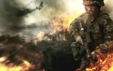 Image showing Army, man and war with field fire, gun and danger, risk or violence in military service and battle, mission or apocalypse. Soldier or hero walking in flames, smoke or warzone and helicopter for crime