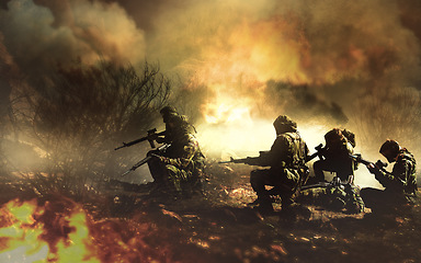 Image showing Military, men and war with field fire and danger, gun for target and forest battlefield for army service and mission or apocalypse. Soldier, group and team in bush flames, smoke or warzone and crime