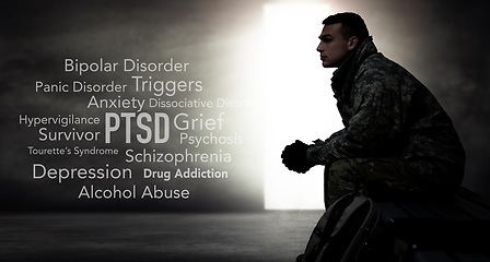 Image showing Soldier, words and overlay with anxiety, PTSD and psychology text of a veteran and man. Military, letter collage and problems from war, battlefield and fight trauma with thinking and grief of hero