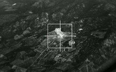 Image showing Satellite, bomb and aerial target of missile on map for war, international conflict and military. Army, warzone and bullseye of atomic, nuclear and rocket strike in country for warfare explosion