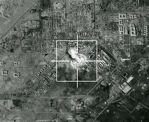 Image showing Satellite, bomb and target sign for missile in city for war, international conflict and military. Army, warzone and atomic, nuclear and rocket launch in country for warfare, explosion or strike