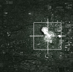 Image showing Satellite, bomb and target of missile on map for war, international conflict and military. Army, warzone and bullseye of atomic, nuclear and rocket launch in country for warfare, explosion or strike