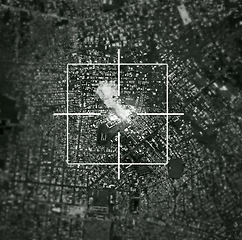 Image showing Satellite, bomb and target of missile in city for war, international conflict and military. Army, warzone and bullseye of atomic, nuclear and rocket launch in country for warfare, explosion or strike