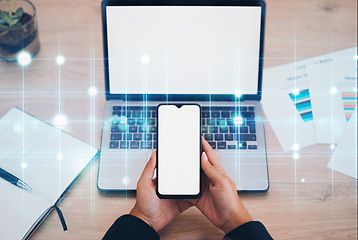 Image showing Phone, person hands and computer with overlay for digital transformation, blank screen and mockup space. Above, big data and employee at a office desk with work paperwork and chart for web design