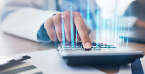 Image showing Accounting hands, calculator or typing person calculating bookkeeping finance, financial budget or savings. Virtual numbers, closeup or administration accountant working on taxes, audit or compliance