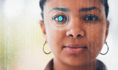 Image showing Cybersecurity, woman portrait and eye scan for facial recognition and biometric check. Identity scanner, retina monitoring and security system for protection and verification of face with overlay