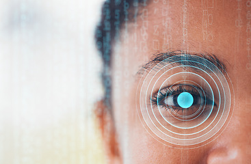 Image showing Cybersecurity, woman and eye scan portrait for facial recognition and biometric check. Identity scanner, retina monitoring and security system for protection and verification of face with overlay