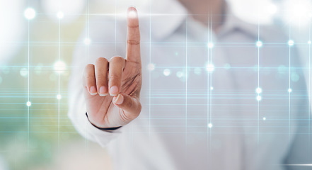 Image showing Finger, interface hologram and business person with hand gesture for biometrics, digital scan and ui. Corporate, overlay and person with fingerprint for user experience, cybersecurity and touchscreen