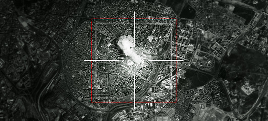 Image showing Satellite, launch and target of missile in city for war, international conflict and military. Army, warzone and bullseye of atomic, nuclear bomb and rocket in country for warfare, explosion or strike