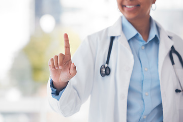 Image showing Finger, doctor and black woman in hospital for user interface, biometrics and ux for telehealth. Futuristic, healthcare and worker with hand gesture for digital scan, clinic ex and medical research