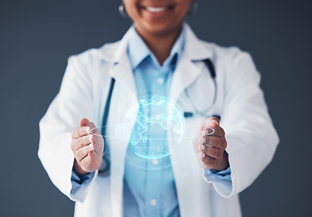 Image showing Globe, hologram and hands of doctor for network, biometrics and website for telehealth. Futuristic, healthcare mockup and person with world overlay for digital scan, clinic ux and medical research